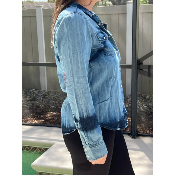 Sundry | Denim Tie Dye Long Sleeve Shirt | Star Heart Embroidery on Elbows | M - Picture 5 of 12